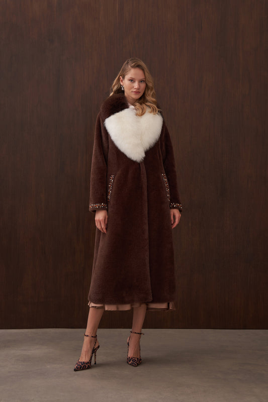 Çift Renk Kürklü Elişi Detaylı Angora Kaban - kahve