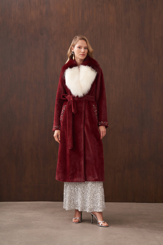 Çift Renk Kürklü Elişi Detaylı Angora Kaban - bordo