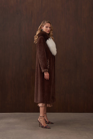 Çift Renk Kürklü Elişi Detaylı Angora Kaban - kahve