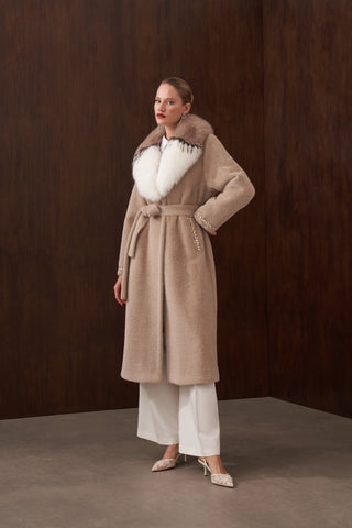 Çift Renk Kürklü Elişi Detaylı Angora Kaban - koyu bej