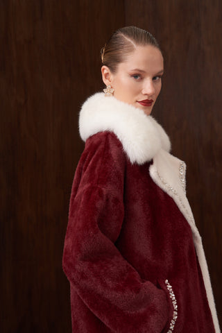 Garnili Kürk ve Elişi Detaylı Angora Kaban - bordo