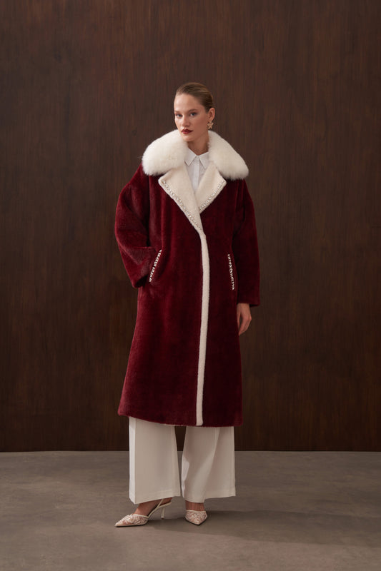 Garnili Kürk ve Elişi Detaylı Angora Kaban - bordo