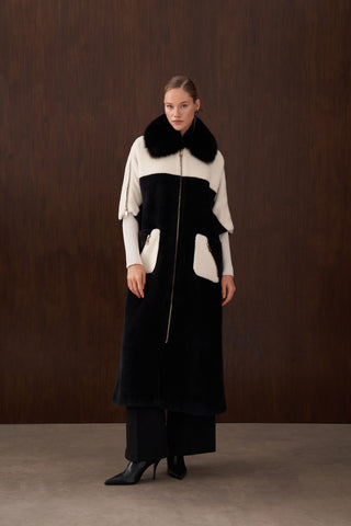 Hakim Yaka Kürk Detaylı Fermuarlı Angora Kaban - siyah