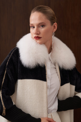 Hakim Yaka Kürk Detaylı Fermuarlı Angora Kaban - ekru