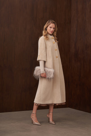 Hakim Yaka Triko ve Düğme Detaylı Angora Kaban - açık bej