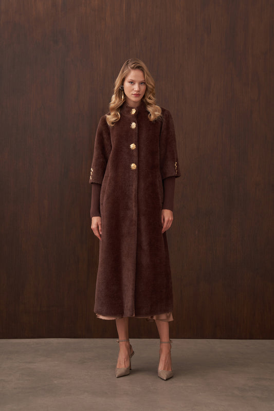 Hakim Yaka Triko ve Düğme Detaylı Angora Kaban - kahve