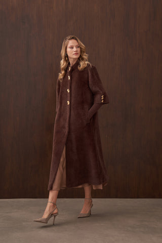 Hakim Yaka Triko ve Düğme Detaylı Angora Kaban - kahve