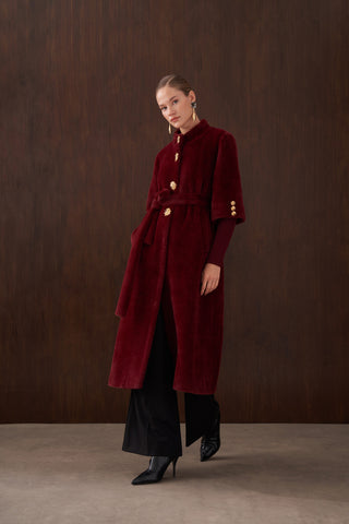 Hakim Yaka Triko ve Düğme Detaylı Angora Kaban - bordo