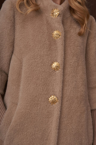 Hakim Yaka Triko ve Düğme Detaylı Angora Kaban - koyu bej