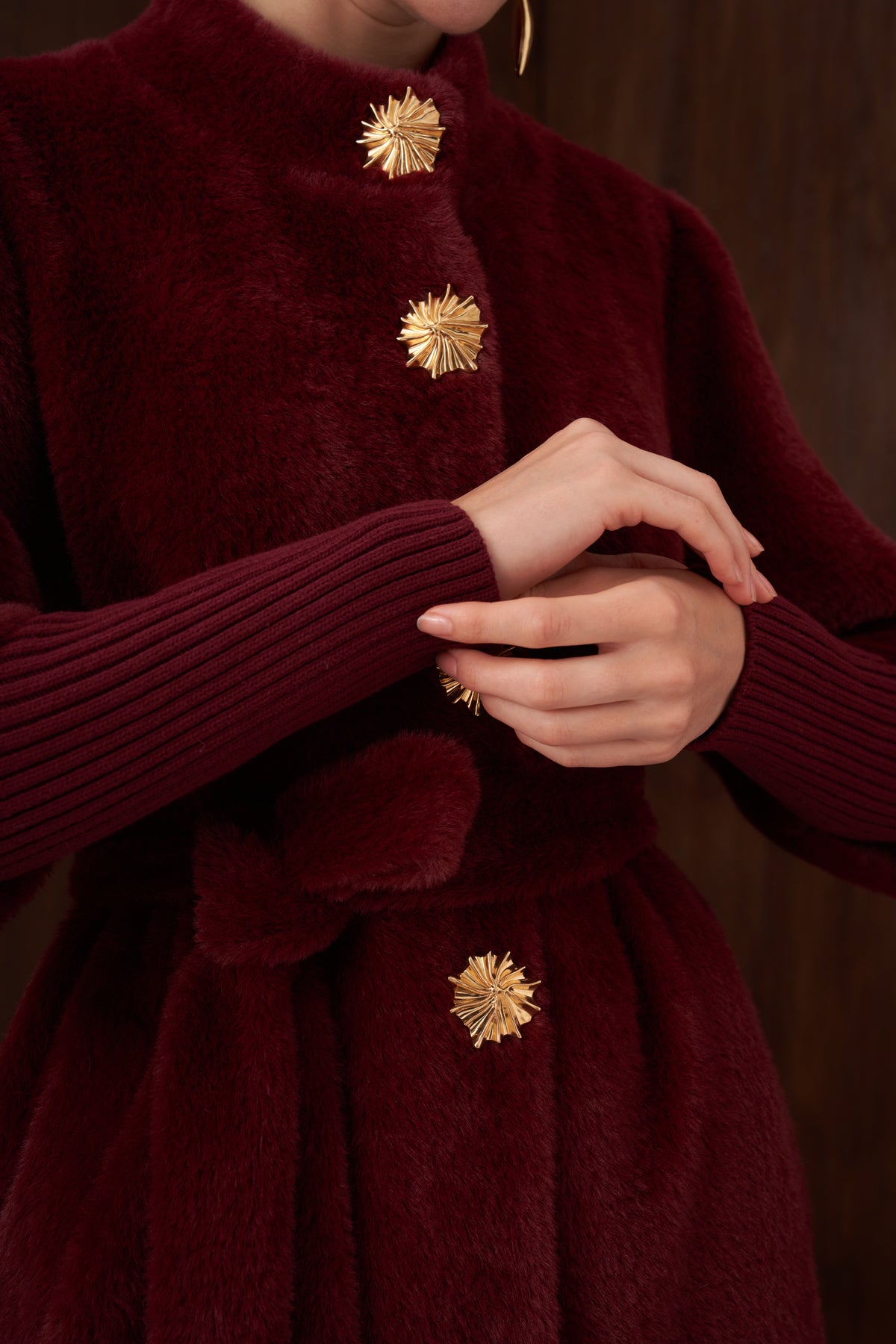 Hakim Yaka Triko ve Düğme Detaylı Angora Kaban - bordo