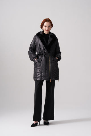 Kürklü Fermuarlı Kapitone Kaban - siyah