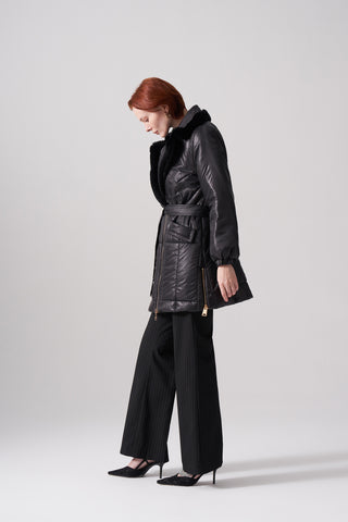 Kürklü Fermuarlı Kapitone Kaban - siyah