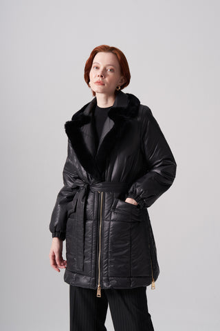 Kürklü Fermuarlı Kapitone Kaban - siyah