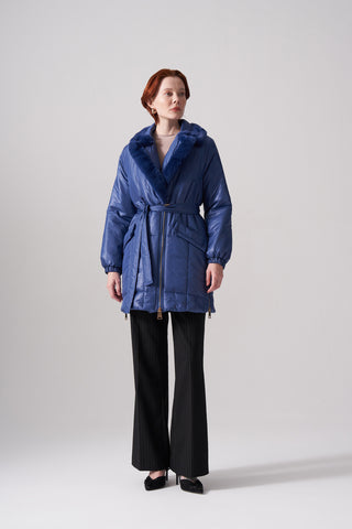 Kürklü Fermuarlı Kapitone Kaban - indigo