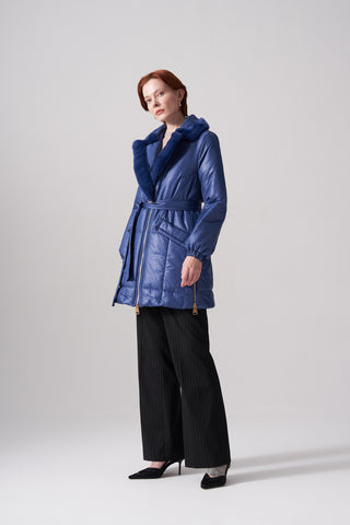 Kürklü Fermuarlı Kapitone Kaban - indigo