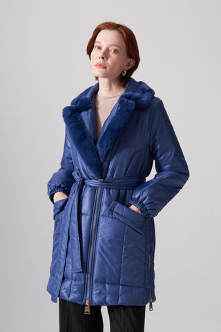 Kürklü Fermuarlı Kapitone Kaban - indigo
