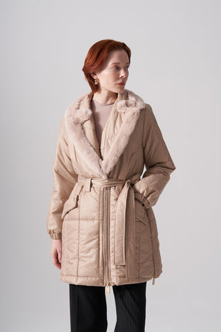 Kürklü Fermuarlı Kapitone Kaban - bej