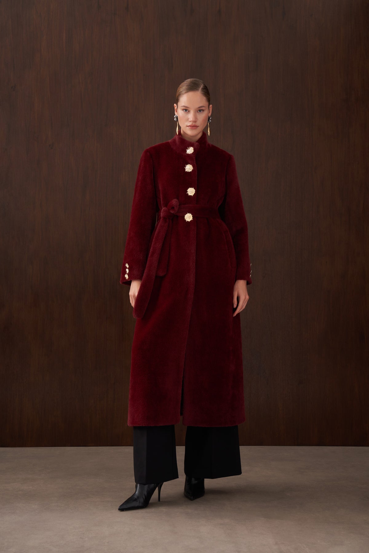 Önü Düğme Detaylı Angora Kaban - bordo