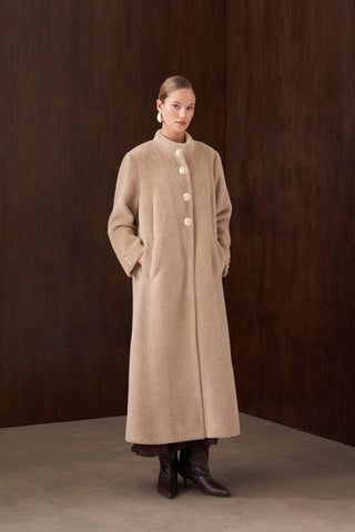 Önü Düğme Detaylı Angora Kaban - koyu bej