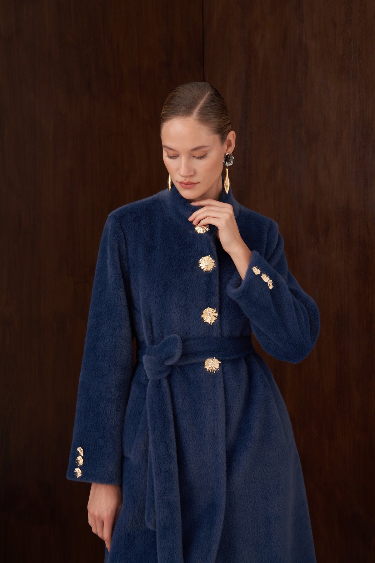 Önü Düğme Detaylı Angora Kaban - indigo