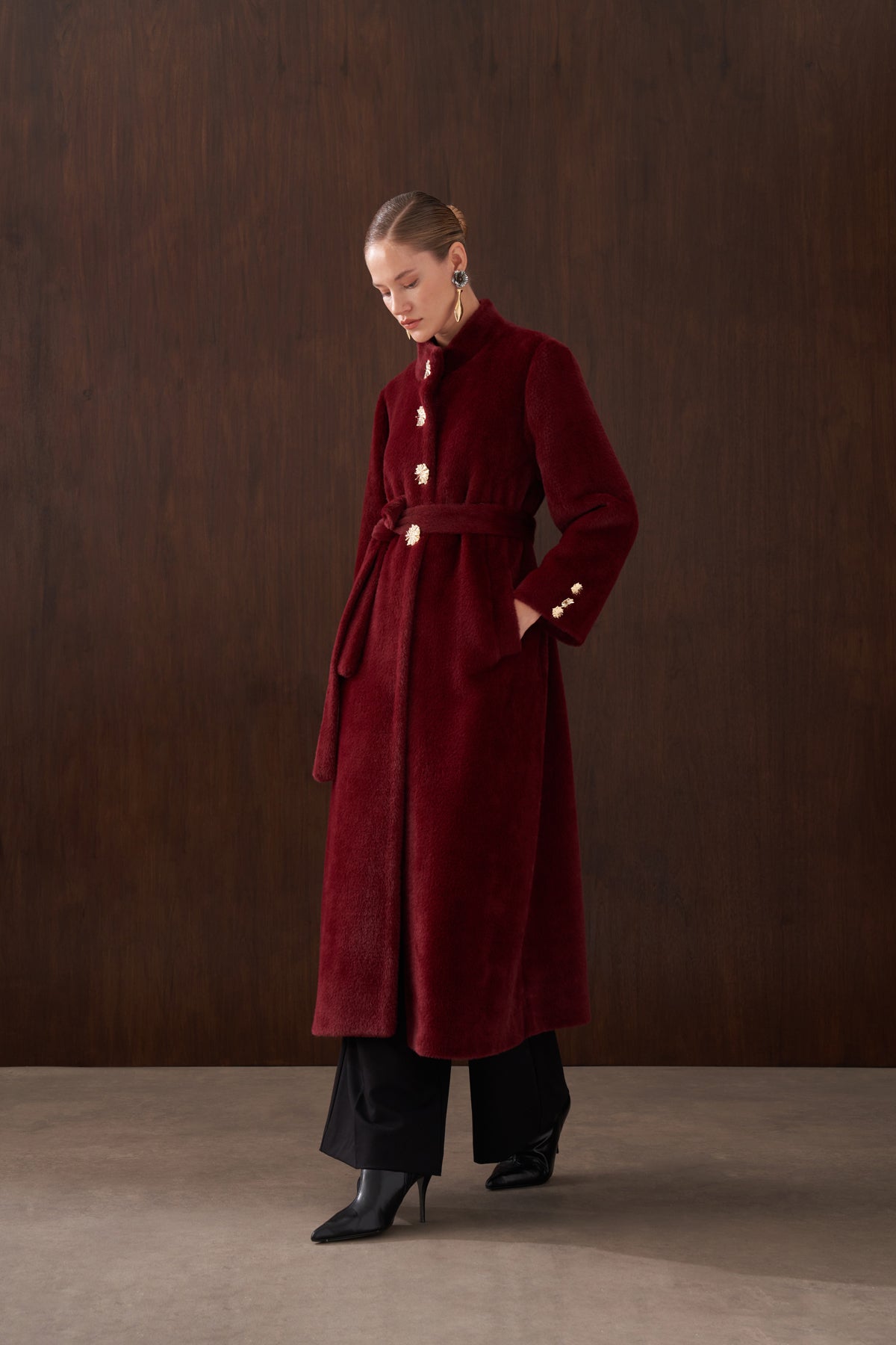 Önü Düğme Detaylı Angora Kaban - bordo