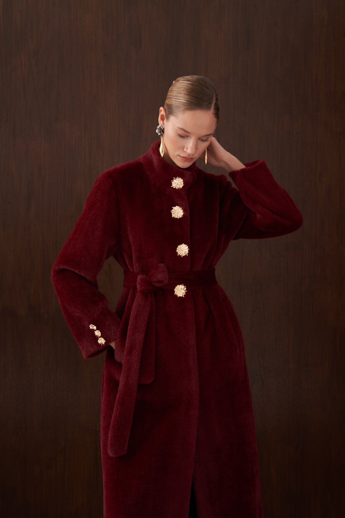 Önü Düğme Detaylı Angora Kaban - bordo