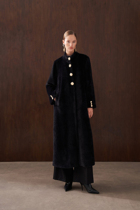 Önü Düğme Detaylı Angora Kaban - siyah