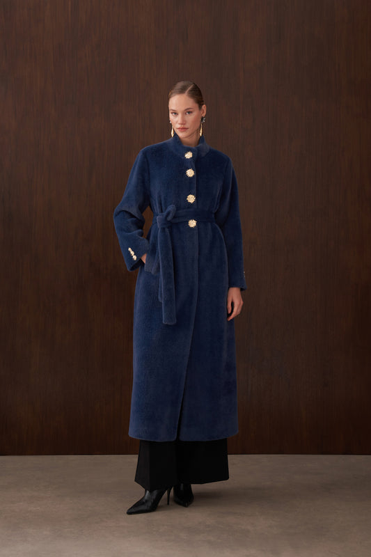 Önü Düğme Detaylı Angora Kaban - indigo