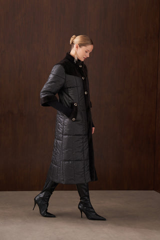 Kapitone ve Angora Kombinli Düğme Detaylı Kaban - siyah