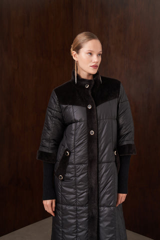 Kapitone ve Angora Kombinli Düğme Detaylı Kaban - siyah