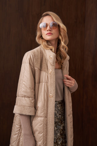 Kapitone ve Angora Kombinli Düğme Detaylı Kaban - koyu bej