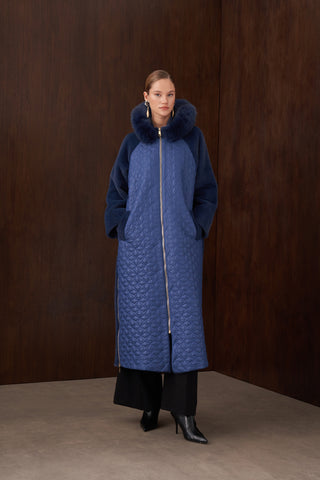 Elmas Desen Kapitone Detaylı Kürklü Angora Kaban - indigo