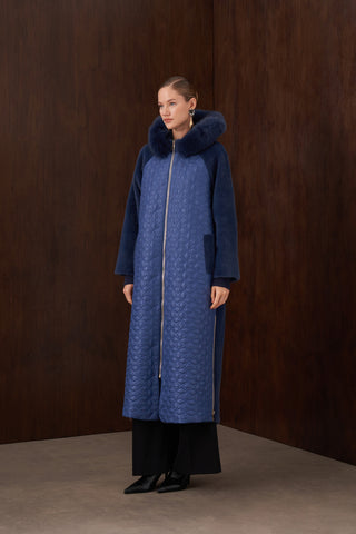 Elmas Desen Kapitone Detaylı Kürklü Angora Kaban - indigo
