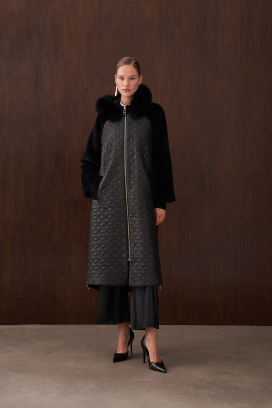 Elmas Desen Kapitone Detaylı Kürklü Angora Kaban - siyah