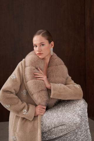Elişi ve Orijinal Kürk Detaylı Angora Kaban - koyu bej