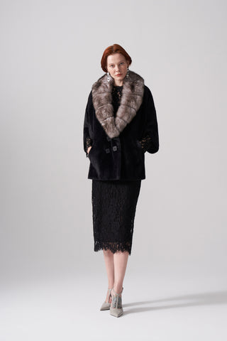 Kürk ve Düğme Detaylı Angora Kaban - siyah