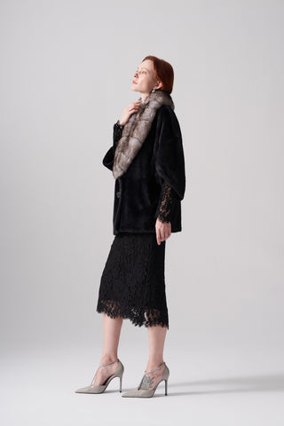 Kürk ve Düğme Detaylı Angora Kaban - siyah