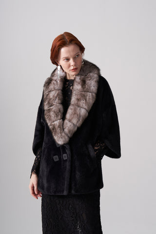 Kürk ve Düğme Detaylı Angora Kaban - siyah