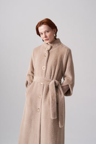 Triko ve Çıtçıt Detaylı Angora Kaban - koyu bej