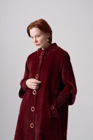 Triko ve Çıtçıt Detaylı Angora Kaban - bordo