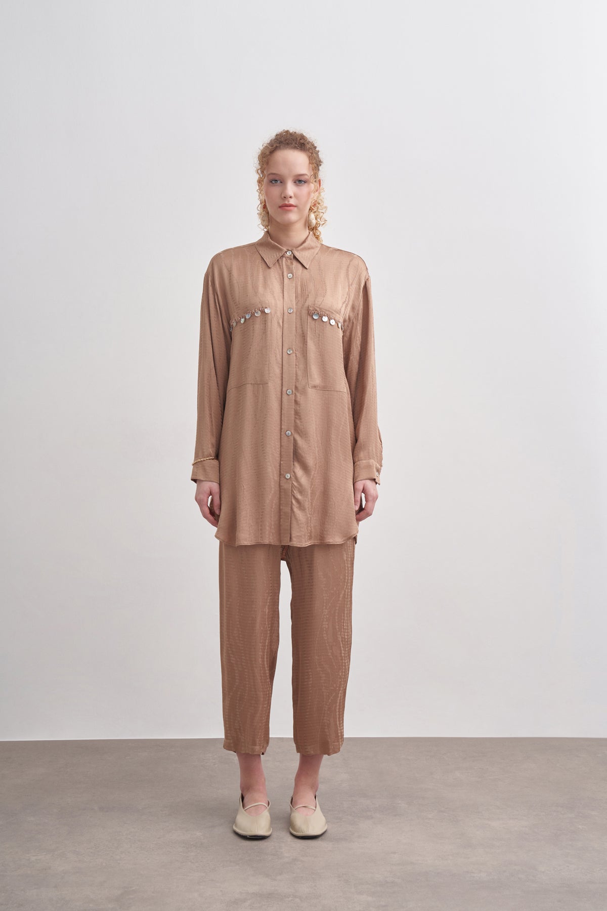 Sedef İşleme Detaylı Oversize Pantolonlu Takım - camel