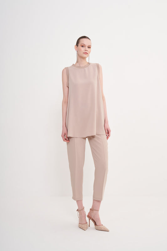 Sıfır Kol Triko Detaylı Pantolonlu Takım İçlik - bej