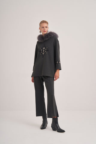 Etnik Desenli Kapüşon Kürk Detaylı Takım Elbise - antrasit