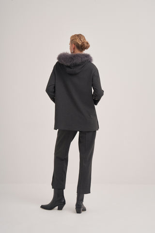 Etnik Desenli Kapüşon Kürk Detaylı Takım Elbise - antrasit