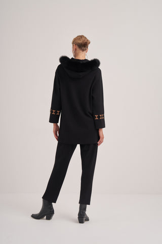 Etnik Desenli Kapüşon Kürk Detaylı Takım Elbise - siyah 
