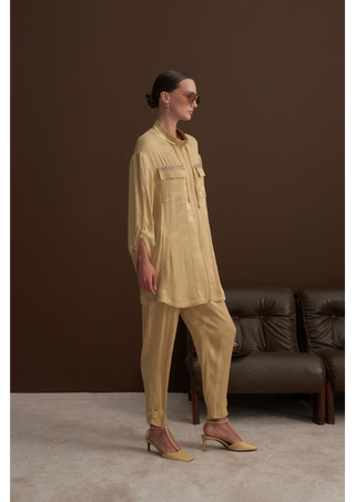 Önü Fermuarlı Cep Taş İşleme Detaylı Takım - Sarı 