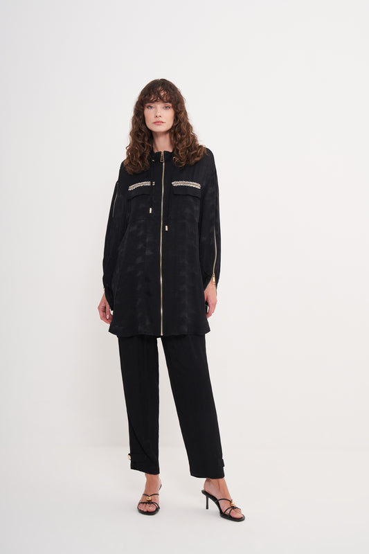 Önü Fermuarlı Cep Taş İşleme Detaylı Takım - siyah