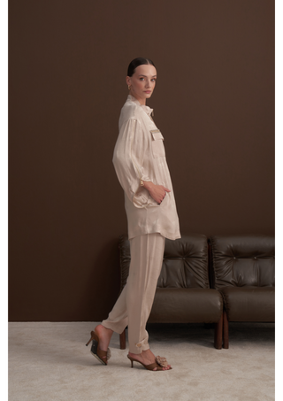 Önü Fermuarlı Cep Taş İşleme Detaylı Takım - bej