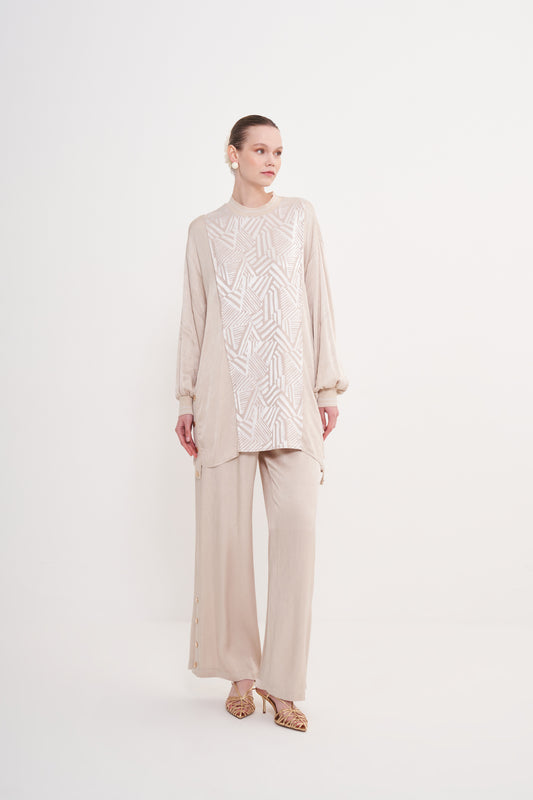 Kol ve Yaka Triko Detaylı Jakarlı Takım - bej