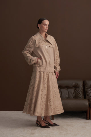 Kol Lastikli Ön Nakış Detaylı Ceket ve  Etekli Takım - Bej